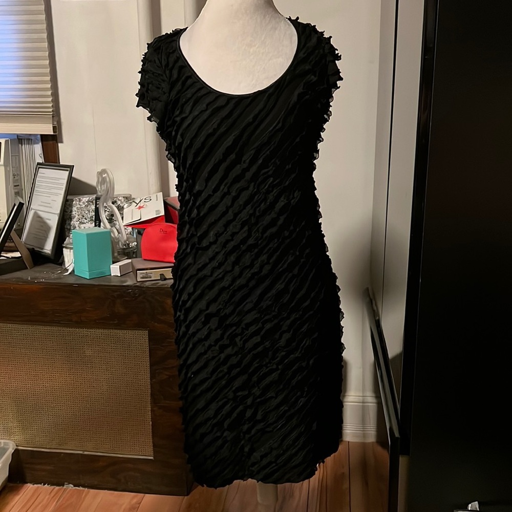 Katie’s medium black frilly bodycon dress